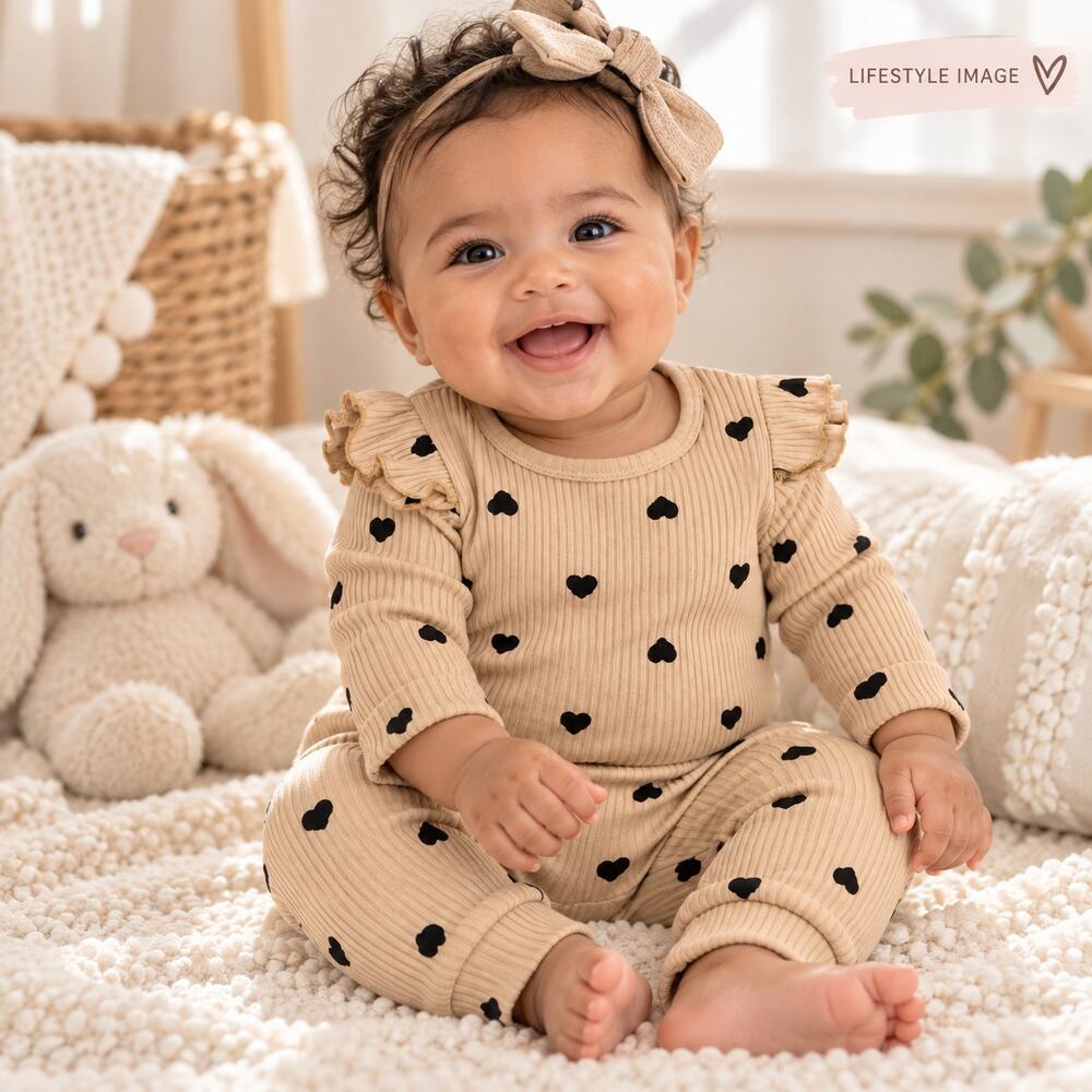 Full Famous Baby Girl Neutral Ribbed Heart Ruffle 2-Piece Set 0-3M - Picture 2 of 2